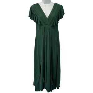Baltic Born Jennifer Hunter Green Flutter Tassel Tie Double Slit Midi Dress sz S